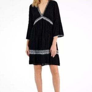 INC Black White Dress Bell Sleeves Flowy Embroidered Large